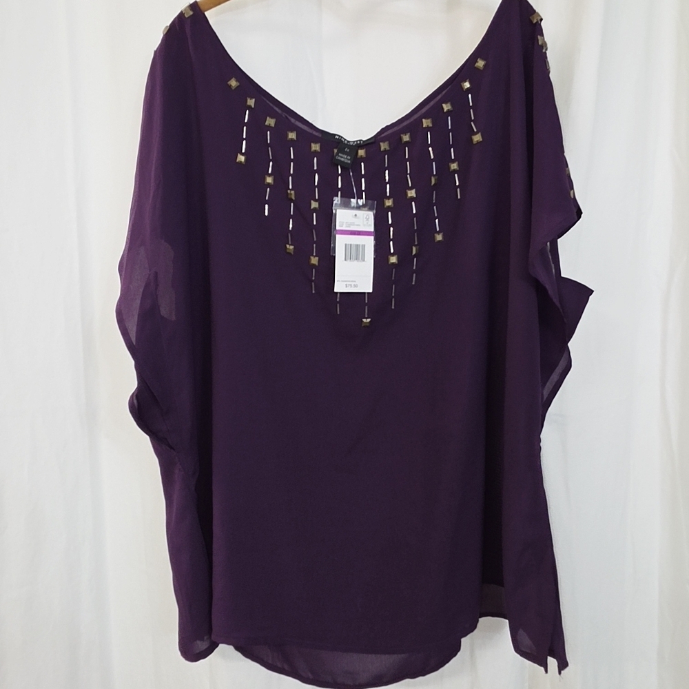 Nine West 2x 18/20 Purple Chiffon Georgette Embellished Boat Neck Top Blouse
